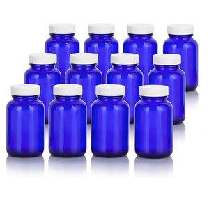 Botella empacadora de vidrio esmerilado azul cobalto 4 oz 120cc 120 ml con tapa acanalada blanca para suplementos, píldoras, vitaminas, tabletas - Product Image 1