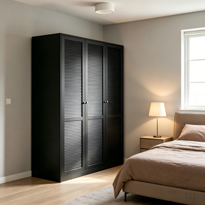 Armoire métallique moderne à 3 portes avec design ondulé cannelé, sans formaldéhyde, en acier couleur expresso, grand système de rangement pour chambre à coucher - Product Image 2