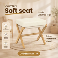 Pouf Ottoman Moderne Pliable en Bambou avec Pieds en X et Coussin en Mousse Épaisse Chenille pour la Maison, la Chambre, le Salon, la Coiffeuse