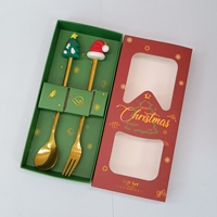 Set Peralatan Makan Natal Sekali Pakai dari Baja Tahan Karat, Sendok Pengaduk Kopi & Garpu Buah Motif Boneka Kreatif Warna Emas, Kotak Hadiah