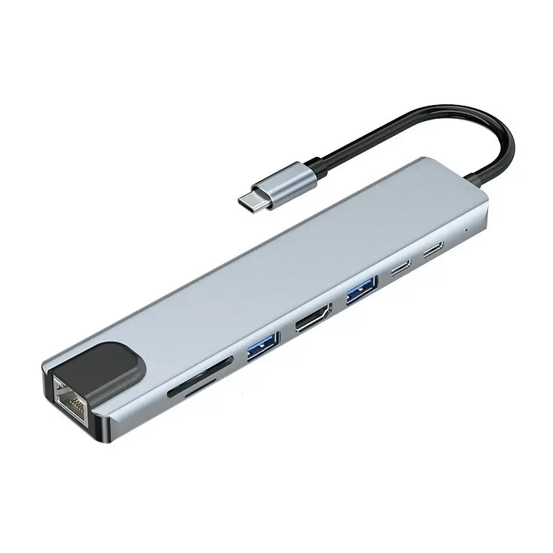 Multipuerto 8 en 1 tipo C USB3.0 + USB2.0 + carga de PD de 2, 0 + HDTV 4K + 100Mpbs + SD + TF + PD estación de acoplamiento de concentrador USB multifunción de datos