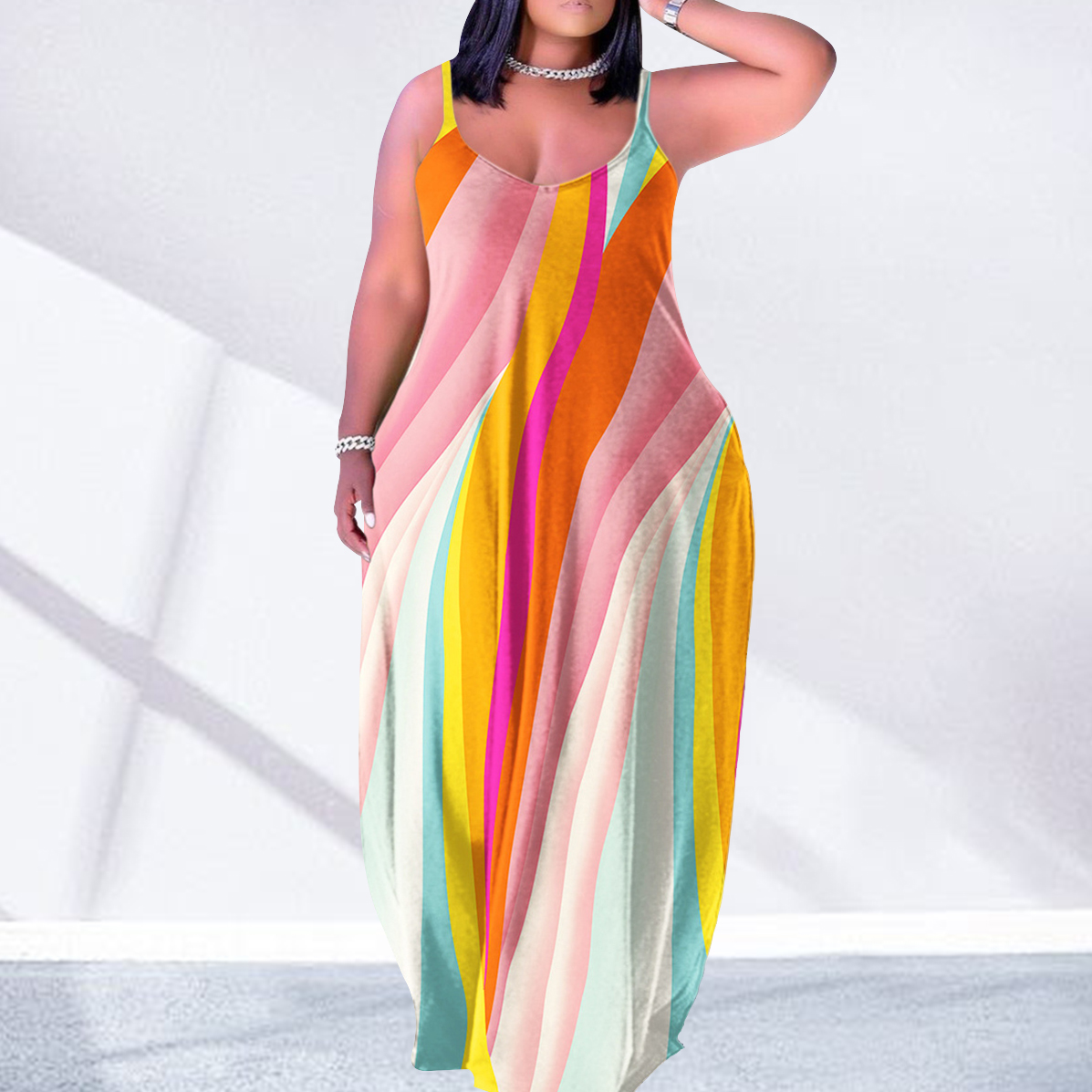 Striped Women's Summer Maxi Dress Casual V-Neck Sleeveless Bohemian Spaghetti  Strap Sundress With Pockets| Alibaba.com