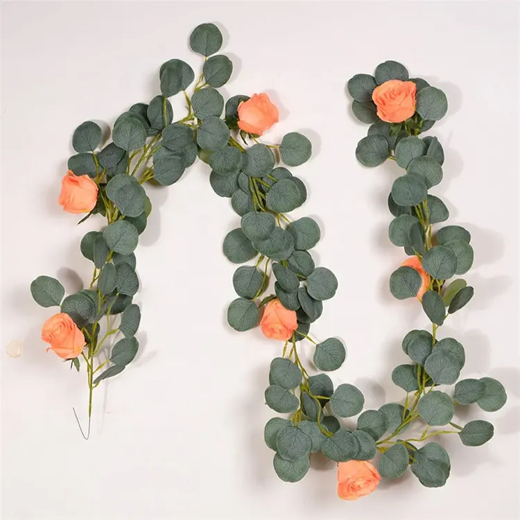 V-3355 Amazon Hot Selling Silk Artificial Eucalyptus Plants Garland with Rose Flower
