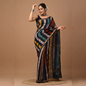 Sari en soie Maheshwari pure imprimé à la main avec pièce de blouse – Élégant soie Maheshwari pure – Vêtement ethnique imprimé à la main - Product Image 1