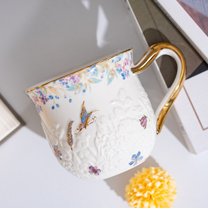 Colorful Floral Ceramic <b>Mug</b> with Embossed Design - <b>Gold</b> Rim Pastoral Coffee Milk Cup - Product Image 3
