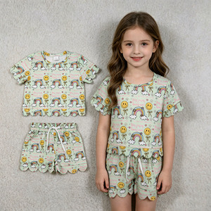 Conjuntos de Ropa para Niñas RTS Boutique, Estampado Casual con Flores Coloridas de Arcoíris, Primavera Otoño, Transpirable, 95% Algodón, Borde Festoneado - Product Image 1