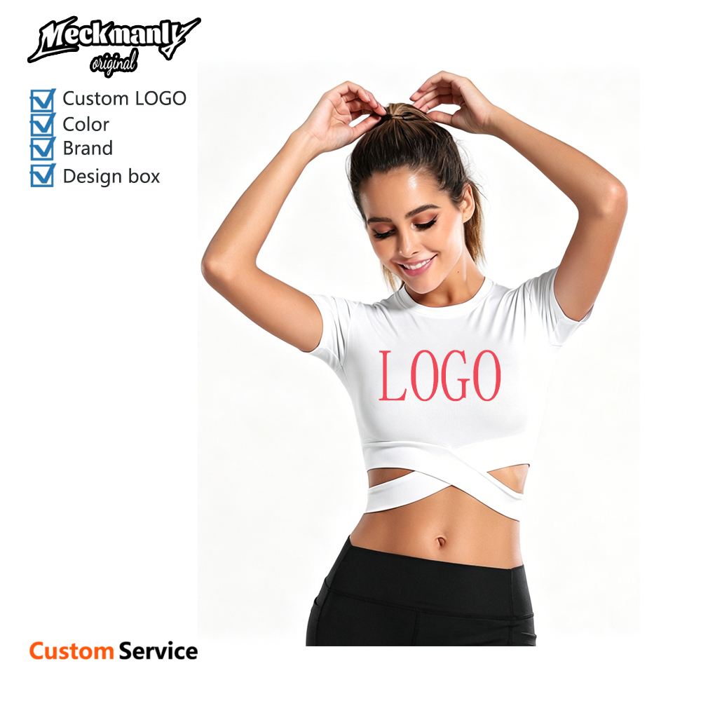 OEM/ODM Custom Women's Slim Fit Cross T-Shirt Breathable Quick-Dry Fitness Top Open Yoga Wear Running Short Sleeve