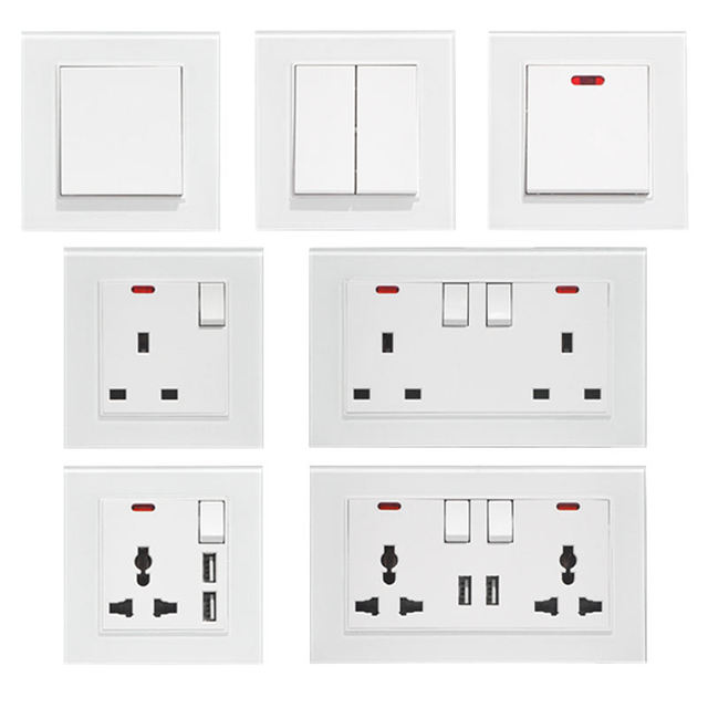 High Quality British White Color Multifunction 13A 250V Double Usb 3 Pin Wall Sockets and 2 Gang Switch With Neon for Home