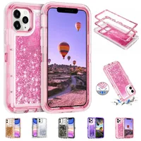 Coque de protection antichoc 3-en-1 à paillettes et sable mouvant ultra-résistante pour iPhone 15, 14, 13, 12, 11, 16 Pro Max, Plus, XS Max, XR, 7, 8 Plus