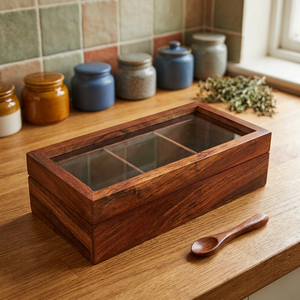 Wooden <b>Spice</b> Box with 3 Compartments and Glass Lid for Herb Storage with Wooden Spoon Included - Product Image 1