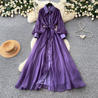 Robe longue élégante brodée avec ceinture et col chemise à manches longues pour femme – Idéale pour les tenues décontractées, les fêtes et le quotidien