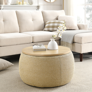 Round <b>Storage</b> Ottoman 25.5 In Diameter Natural Wood Top With Woven Base Coffee Table And <b>Seat</b> - Product Image 2
