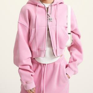 Fabricantes de Ropa Personalizada, Sudadera con Capucha Vintage Lavada Estilo Hip Hop para Mujer, Sudadera Corta con Cierre de Dos Cabezas para Mujer - Product Image 4