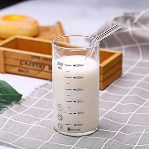 Taza Medidora de Vidrio de 350 ml con Pajita, Apta para Microondas, Taza para Leche de Desayuno - Product Image 1