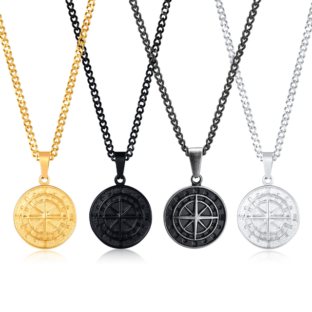 Urban Streetwear Men's Compass Pendant Necklace Gold Stainless Steel Coin-Style Hip-Hop Chain for Outdoor Adventure Wedding