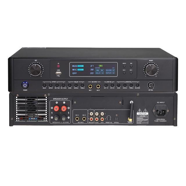 Professional 2x200W Class D Stereo Amplifier with Karaoke Mixing Bluetooth USB 2 Mic for Home Theater KTV Party System