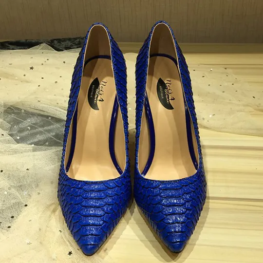 Zapatos de tacón de aguja hechos a mano para mujer, calzado especial de piel de pescado, de tacón alto, color rosa y azul