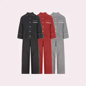 Woman Pajamas 2pcs Set Button Up Piped Flax Linen Sleepwear Long Sleeve Pjs Manufacturer Lady Casual