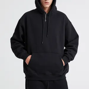Hoodie hitam esensial grosir pakaian jalanan kualitas tinggi hoodie mewah Logo bordir kustom ukuran besar kelas berat