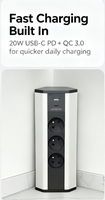 Multiprise d'extension en alliage d'aluminium compacte avec 3 prises CA + charge rapide USB-C pour chambre, bureau et salon