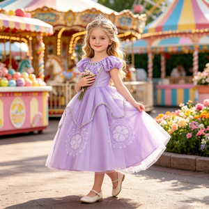 MQATZ Gaun Pesta Putri Bernuansa Ungu Berpayet Bunga Satin Musim Panas yang Bernapas untuk Anak Perempuan, Kerah O, Berlapis, Kostum Cosplay BX1627 - Product Image 1