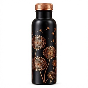 Modern Black Copper <b>Water</b> <b>Bottle</b> with Gold Dandelion Design Portable <b>Metal</b> Drinkware - Product Image 1
