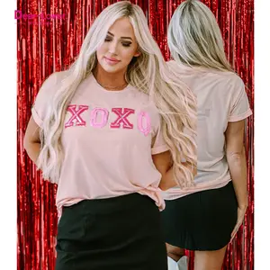 Dear-Lover Pink Valentines Sequin Shiny XOXO Graphic Crew Neck Oversized T-Shirt For Women