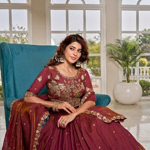 Banarasi Silk Embroidered <b>Lehenga</b> Choli Semi Stitched <b>Wedding</b> Outfit Burgundy Bridal Dress for Bridesmaid and <b>Guest</b> - Product Image 1