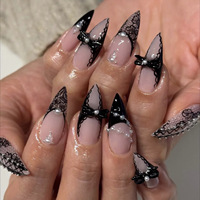 Faux ongles en amande à presser, couleur nude avec nœud en dentelle noire et perle, style gothique Y2K, pour femmes
