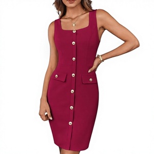 Robe crayon sans manches à col carré avec boutons sur le devant et poches en couleur bordeaux unie pour le bureau - Product Image 3