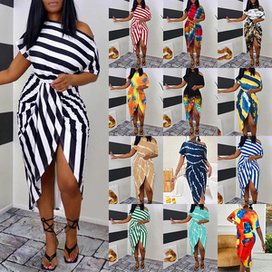 S-XXL nouveau été femmes Sexy imprimé à manches courtes col diagonal robe irrégulière robe de soirée - Product Image 4