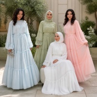 Robe longue élégante en mousseline à volants superposés, manches bouffantes, taille à nouer, ourlet fluide et évasé, idéale pour les dîners et le quotidien, Abaya musulmane