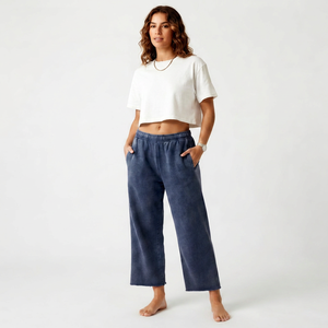 Pantalon large en molleton bleu, coupe décontractée, taille élastique, style décontracté pour la détente - Product Image 1