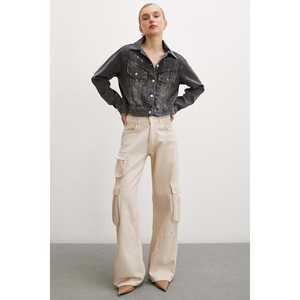 แจ็คเก็ตยีนส์สีแอนทราไซต์ปักลายด้านหลังสไตล์วินเทจสำหรับผู้หญิง ทำจากผ้าฝ้าย - Product Image 3