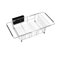 Égouttoir à vaisselle extensible BX pour évier, organisateur de rangement de cuisine avec porte-ustensiles et crochets pour bols, assiettes, tasses et couverts