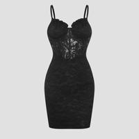 Hot Deep-V Low-cut Hottie Bag Hip Skirt Hollow-out Lace Patchwork Solid Natural Waist Breathable Dress for Women Party Club
