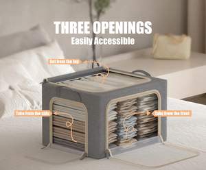 Cubo de almacenamiento plegable gris claro de 40L, cremalleras de ventana transparentes, asas duraderas, 3 aberturas, marco de <span class=keywords><strong>Metal</strong></span>, contenedores de almacenamiento de ropa 3 - Product Image 3