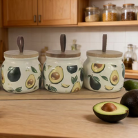 Ustensiles de cuisine : Plateau en bambou, pot à condiments en céramique, pot à épices avec couvercle en bambou thème avocat
