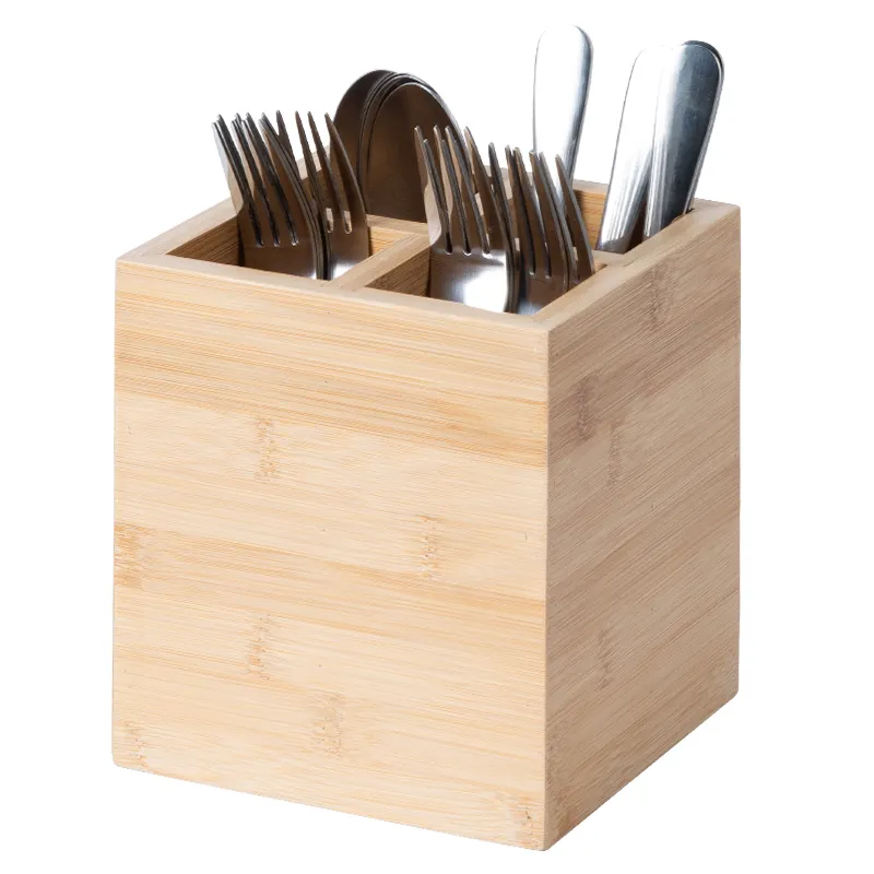 الخشب السكاكين العلبة أدوات مطبخ منظم مع 4 مقصورات الفضيات تخزين طاولة مطبخ أدوات المائدة منظم