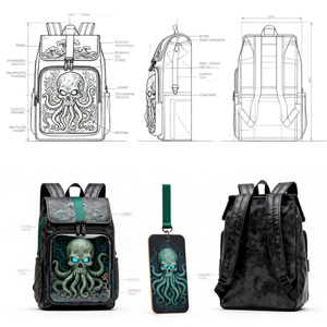 Sac à dos Ita en PU personnalisé avec motif crâne de pieuvre, étanche, fermeture éclair, forme carrée, pour exposition de badges et charms Comic Con - Product Image 1