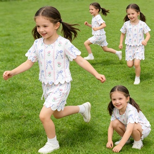 ชุดเด็กผู้หญิง GSSO3272 RTS Little Active Girl ลายดอกไม้โบว์สีม่วง ขายส่งเสื้อผ้าเด็กผู้หญิงแขนสั้น ชุดเด็กผู้หญิงลายสแกลลอป - Product Image 1