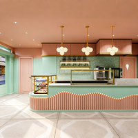 Airy Luxe Bakery & Coffee Market Stall Featuring Glass Display Case, Open Tiered Shelving, and Integrated Warm Lighting