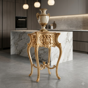 Teak Wood Traditional Eco-Friendly Antique Gold Hand Carved Solid Wood Movable Coffee <b>Table</b> with Flower Stand - Product Image 4