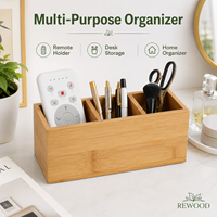 Organisateur de bureau en bambou naturel, boîte de rangement de bureau avec 3 compartiments, porte-stylos, porte-télécommande, organisateur de fournitures de bureau