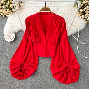 Chemisier court et ajusté à col en V et manches lanternes pour <span class=keywords><strong>femme</strong></span>, style printemps-automne - Product Image 3