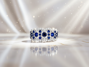 Bague large en or blanc 18 carats avec grappe de saphirs et pavé de diamants, motif ajouré filigrané, bijou de luxe pour femme - Product Image 5