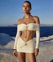 Setelan Baju Renang Wanita 3 Potong Bertekstur, Atasan Bandeau Lengan Panjang Off Shoulder, Baju Renang Brazilian, dan Rok Mini Ukuran S-XL
