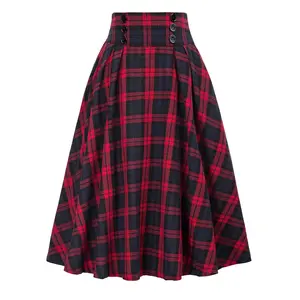 Vintage Pleated Plaid Skirt Autumn Winter High Waist Korean Style Preppy Midi Skirts Button Decoration Pleated Skirt SS0037
