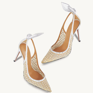 Sandales à talons hauts pour femmes, ornées de diamants, à bout pointu, en maille, avec nœud arrière, chaussures de mariage, escarpins à découpes latérales en dentelle, talon aiguille - Product Image 2