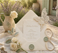 Carte d'invitation de mariage personnalisée avec enveloppe, papier festonné fait main, écriture cursive, sceau de cire menthe, dentelle, papillon, guirlande de perles